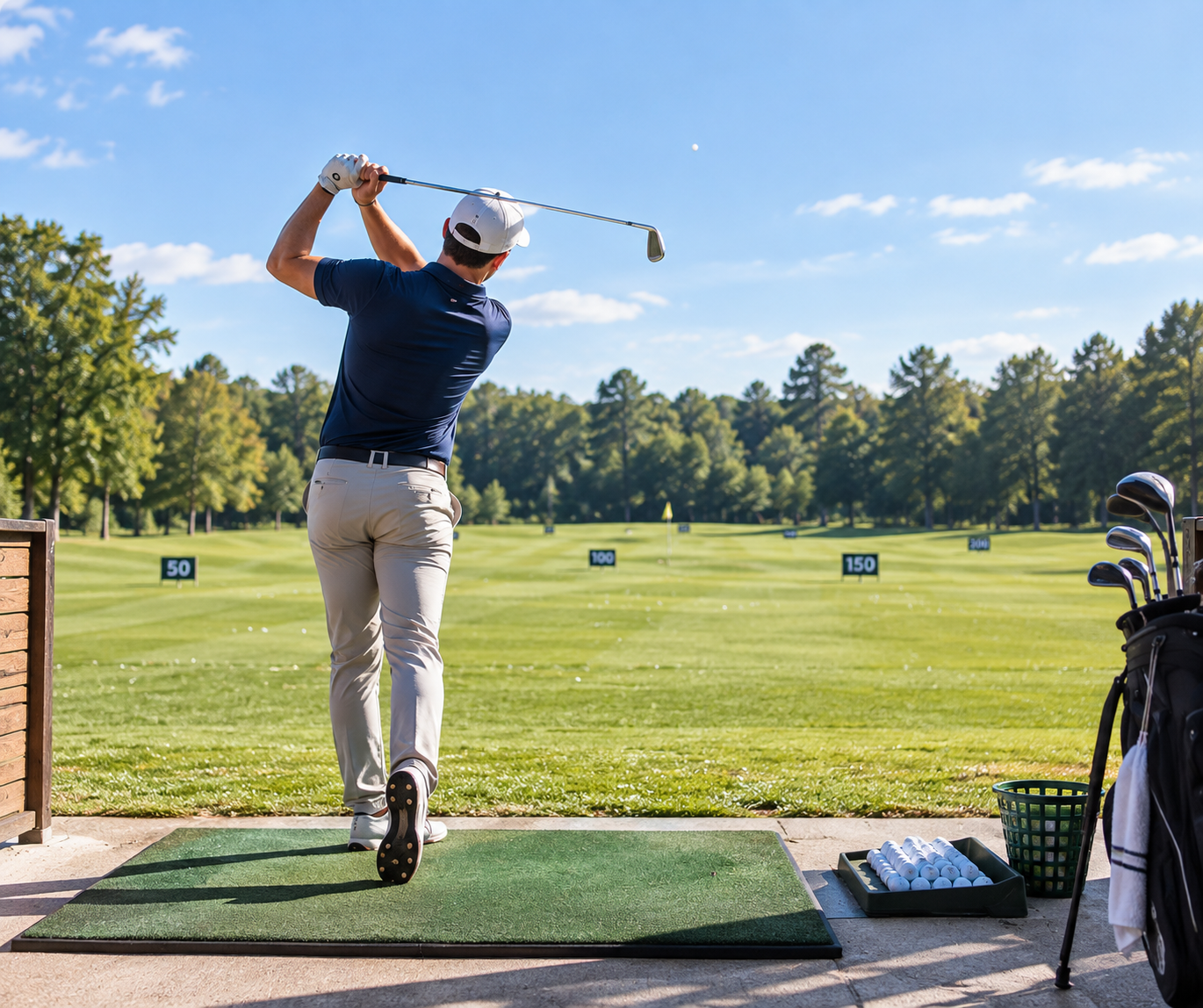 Golfer oefent zelfstandig op de driving range